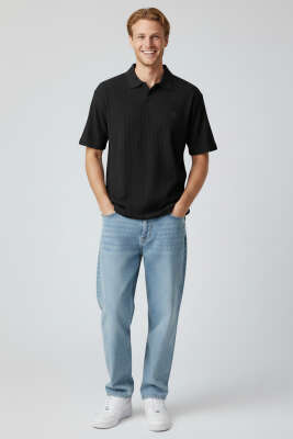 Polo Yaka Fitilli Oversize Erkek T-shirt Siyah - Erkek T-shirt