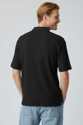 Polo Yaka Fitilli Oversize Erkek T-shirt Siyah - Erkek T-shirt
