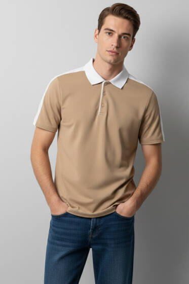 Polo Yaka Garnili Erkek T-shirt Camel - Erkek T-shirt