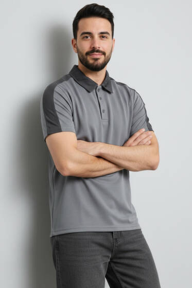 Polo Yaka Garnili Erkek T-shirt Gri - Erkek T-shirt