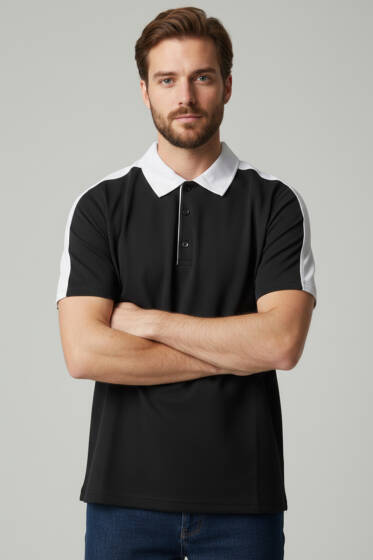 Polo Yaka Garnili Erkek T-shirt Siyah - Erkek T-shirt