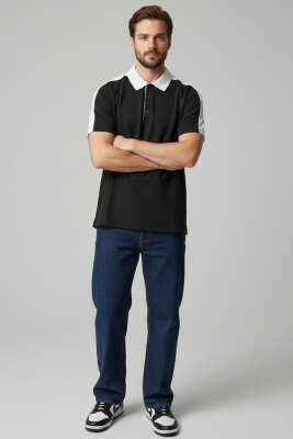 Polo Yaka Garnili Erkek T-shirt Siyah - Erkek T-shirt