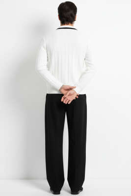 Polo Yaka Garnili Uzun Kollu Erkek Sweatshirt Beyaz - Erkek Sweatshirt