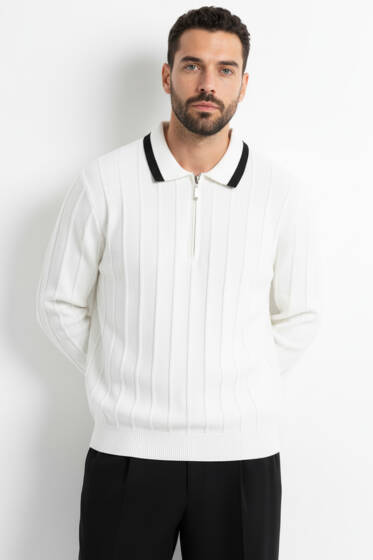 Polo Yaka Garnili Uzun Kollu Erkek Sweatshirt Beyaz - Erkek Uzun Kollu Tişört