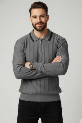 Polo Yaka Garnili Uzun Kollu Erkek Sweatshirt Füme 