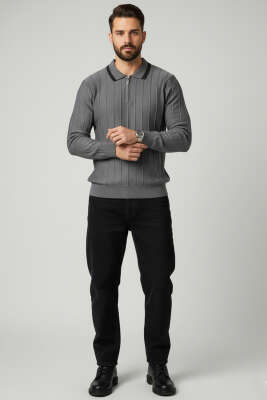 Polo Yaka Garnili Uzun Kollu Erkek Sweatshirt Füme - Erkek Sweatshirt