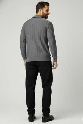 Polo Yaka Garnili Uzun Kollu Erkek Sweatshirt Füme - Erkek Sweatshirt