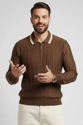 Polo Yaka Garnili Uzun Kollu Erkek Sweatshirt Kahve 