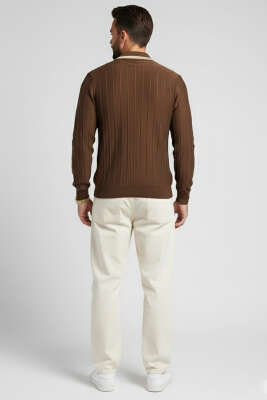 Polo Yaka Garnili Uzun Kollu Erkek Sweatshirt Kahve - Erkek Sweatshirt