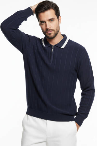 Polo Yaka Garnili Uzun Kollu Erkek Sweatshirt Lacivert - Erkek Uzun Kollu Tişört