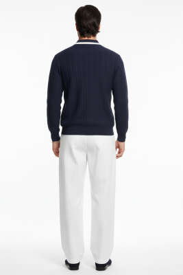 Polo Yaka Garnili Uzun Kollu Erkek Sweatshirt Lacivert - Erkek Uzun Kollu Tişört