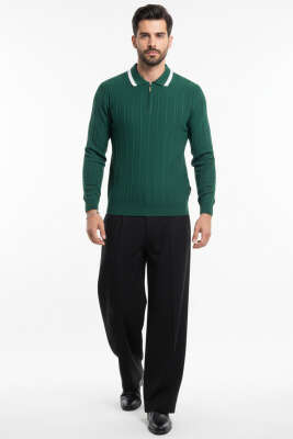 Polo Yaka Garnili Uzun Kollu Erkek Sweatshirt Nefti - Erkek Sweatshirt