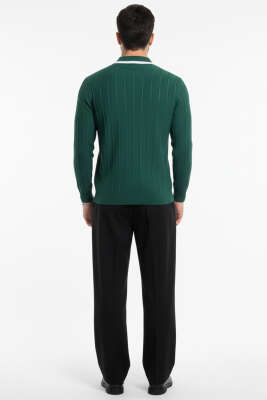 Polo Yaka Garnili Uzun Kollu Erkek Sweatshirt Nefti - Erkek Uzun Kollu Tişört