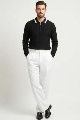 Polo Yaka Garnili Uzun Kollu Erkek Sweatshirt Siyah - Erkek Sweatshirt