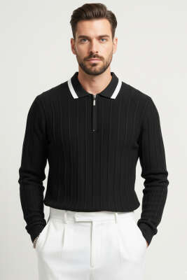 Polo Yaka Garnili Uzun Kollu Erkek Sweatshirt Siyah - WİPEOUT