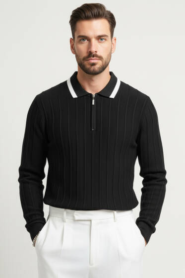 Polo Yaka Garnili Uzun Kollu Erkek Sweatshirt Siyah - Erkek Uzun Kollu Tişört