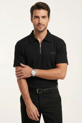 Polo Yaka Im Possible Baskılı Erkek T-shirt Siyah - DEEP POİNT