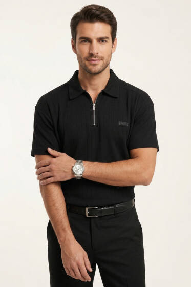 Polo Yaka Im Possible Baskılı Erkek T-shirt Siyah - Siyah Polo Yaka Tişört