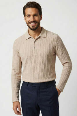 Polo Yaka Kabartma Çizgili Erkek Sweatshirt Bej 