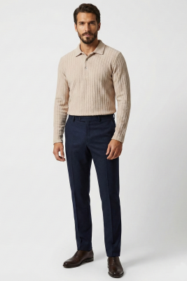 Polo Yaka Kabartma Çizgili Erkek Sweatshirt Bej - Erkek T-shirt