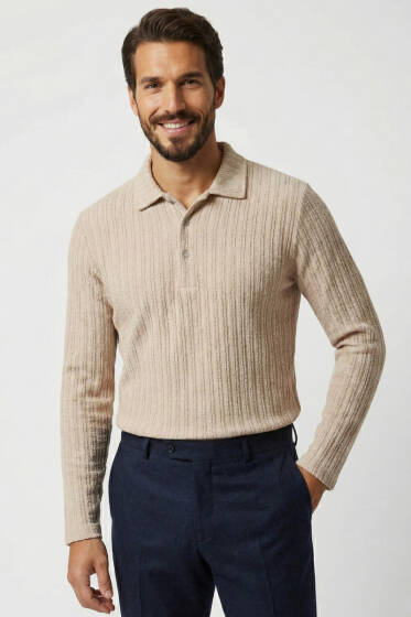 Polo Yaka Kabartma Çizgili Erkek Sweatshirt Bej - Erkek T-shirt