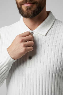 Polo Yaka Kabartma Çizgili Erkek Sweatshirt Ekru - Erkek Polo Yaka Tişört