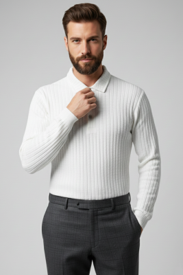 Polo Yaka Kabartma Çizgili Erkek Sweatshirt Ekru 