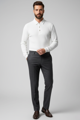 Polo Yaka Kabartma Çizgili Erkek Sweatshirt Ekru - Erkek T-shirt