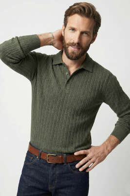 Polo Yaka Kabartma Çizgili Erkek Sweatshirt Haki - HİT TİME