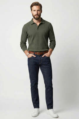 Polo Yaka Kabartma Çizgili Erkek Sweatshirt Haki - Erkek T-shirt