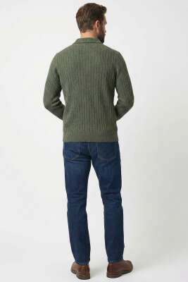 Polo Yaka Kabartma Çizgili Erkek Sweatshirt Haki - Erkek T-shirt