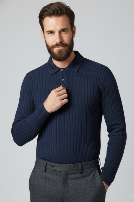 Polo Yaka Kabartma Çizgili Erkek Sweatshirt Lacivert - HİT TİME