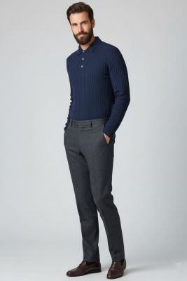 Polo Yaka Kabartma Çizgili Erkek Sweatshirt Lacivert - Erkek Sweatshirt