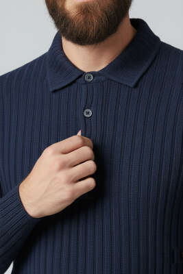 Polo Yaka Kabartma Çizgili Erkek Sweatshirt Lacivert - Erkek Sweatshirt