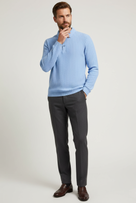 Polo Yaka Kabartma Çizgili Erkek Sweatshirt Mavi - Erkek T-shirt