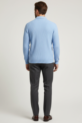 Polo Yaka Kabartma Çizgili Erkek Sweatshirt Mavi - Erkek T-shirt