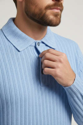 Polo Yaka Kabartma Çizgili Erkek Sweatshirt Mavi - Erkek T-shirt