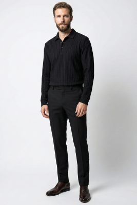 Polo Yaka Kabartma Çizgili Erkek Sweatshirt Siyah - Erkek T-shirt