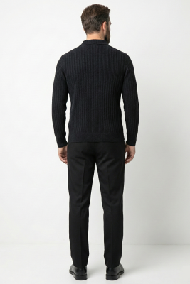 Polo Yaka Kabartma Çizgili Erkek Sweatshirt Siyah - Erkek T-shirt