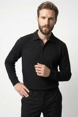 Polo Yaka Kabartma Çizgili Erkek Sweatshirt Siyah - HİT TİME