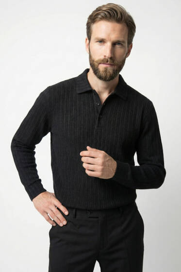 Polo Yaka Kabartma Çizgili Erkek Sweatshirt Siyah - Erkek T-shirt