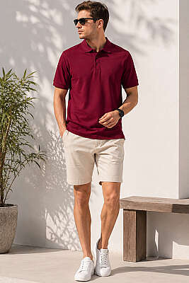 Polo Yaka Kol Ribanalı Erkek T-shirt Bordo - Erkek T-shirt