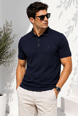 Polo Yaka Kol Ribanalı Erkek T-shirt Lacivert 