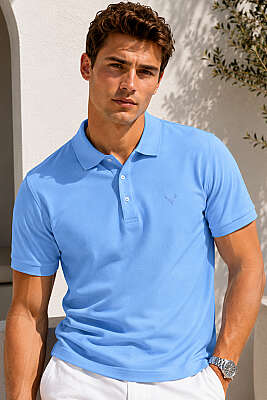 Polo Yaka Kol Ribanalı Erkek T-shirt Mavi - HİT TİME