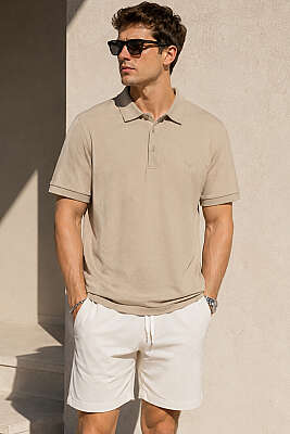 Polo Yaka Kol Ribanalı Erkek T-shirt Melanj Camel 