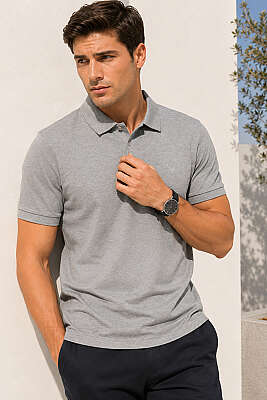 Polo Yaka Kol Ribanalı Erkek T-shirt Melanj Gri 