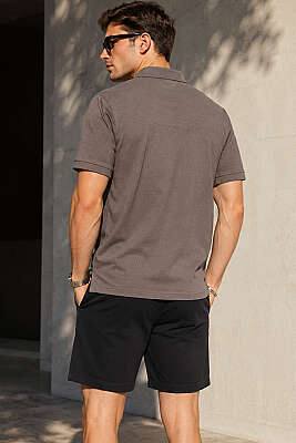 Polo Yaka Kol Ribanalı Erkek T-shirt Melanj Kahve - Erkek T-shirt