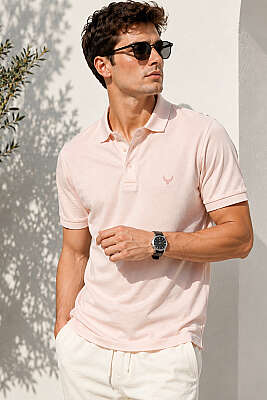 Polo Yaka Kol Ribanalı Erkek T-shirt Melanj Pembe - Erkek T-shirt