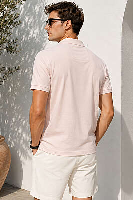 Polo Yaka Kol Ribanalı Erkek T-shirt Melanj Pembe - Erkek T-shirt