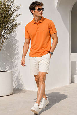 Polo Yaka Kol Ribanalı Erkek T-shirt Oranj - Erkek T-shirt